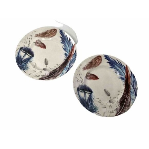 Pier 1 Imports Set Of 2 Stoneware Feather Plates Dinner Salad Round 8.5” Boho - Picture 3 of 5